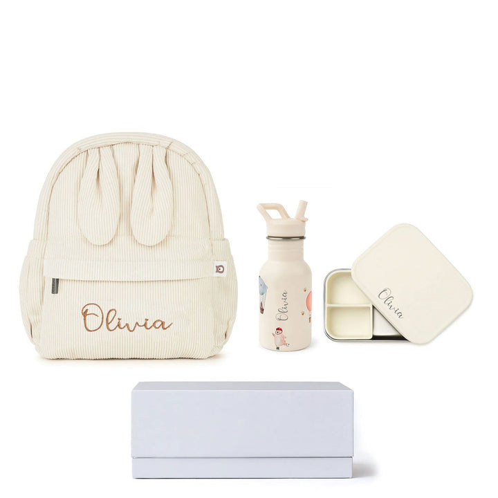 JBØRN Personalised Set | Backpack, Water Bottle & Lunch Box Set Ivory Add Gift Box - Personalisable Baby Products Sold and Personalised by JustBørn
