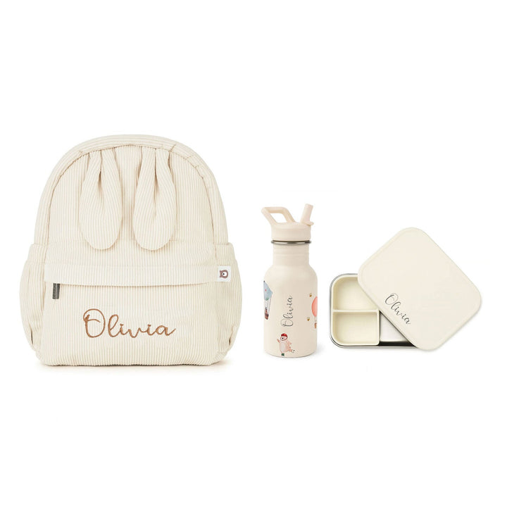 JBØRN Personalised Set | Backpack, Water Bottle & Lunch Box Set Ivory No Gift Box - Personalisable Baby Products Sold and Personalised by JustBørn