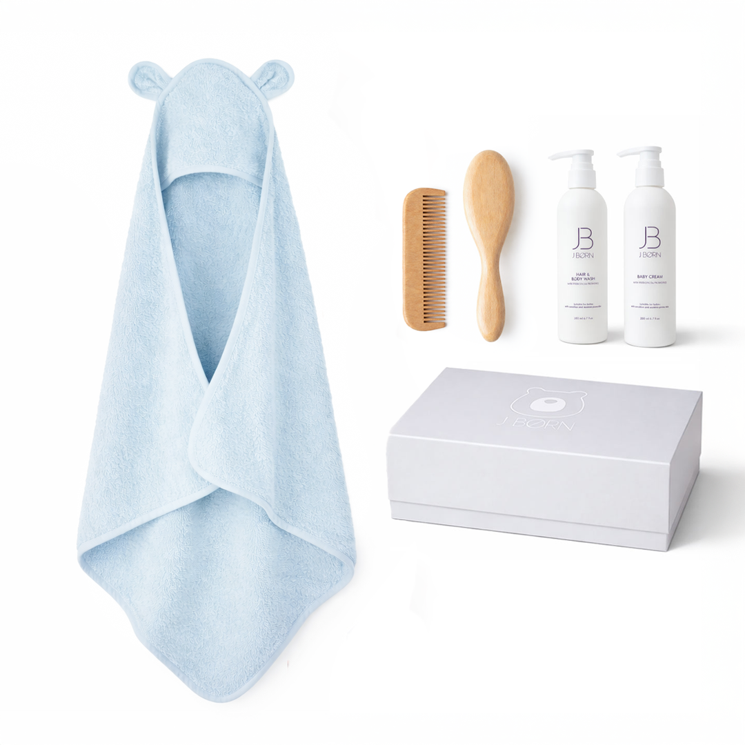 JBØRN Luxury Baby Bath Gift Set | Hooded Towel, Hair Brushes & Skin Care Set Baby Blue - Personalisable Baby Products Sold and Personalised by JustBørn