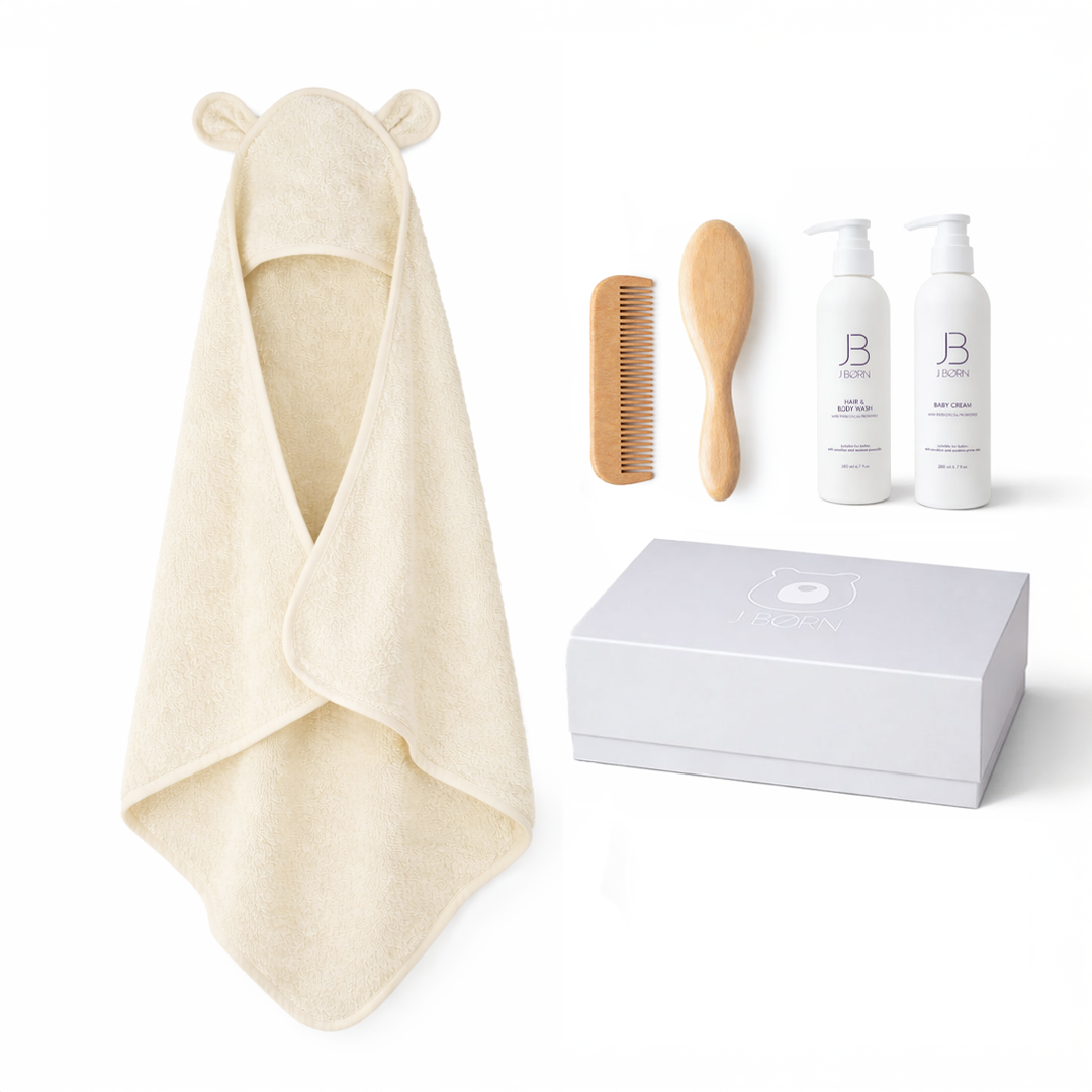 JBØRN Luxury Baby Bath Gift Set | Hooded Towel, Hair Brushes & Skin Care Set Ivory - Personalisable Baby Products Sold and Personalised by JustBørn