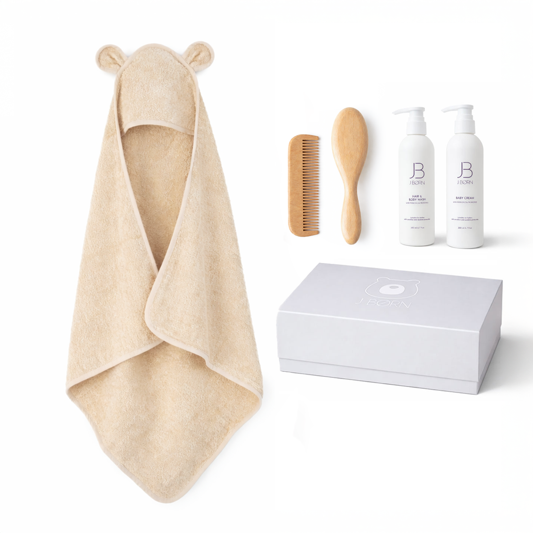 JBØRN Luxury Baby Bath Gift Set | Hooded Towel, Hair Brushes & Skin Care Set Vanilla - Personalisable Baby Products Sold and Personalised by JustBørn