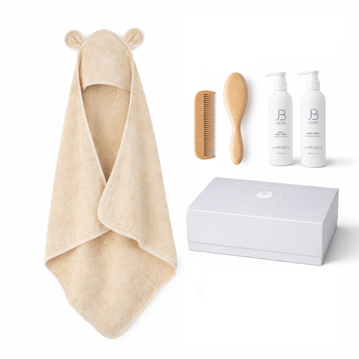 JBØRN Luxury Baby Bath Gift Set | Hooded Towel, Hair Brushes & Skin Care Set Vanilla - Personalisable Baby Products Sold and Personalised by JustBørn