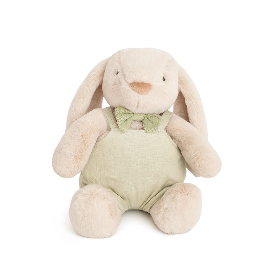 JBØRN Beige Bunny Soft Toy with Personalised Outfit Beige Cuddle Bunny in Pistachio Dungarees - Personalisable Baby Products Sold and Personalised by JustBørn
