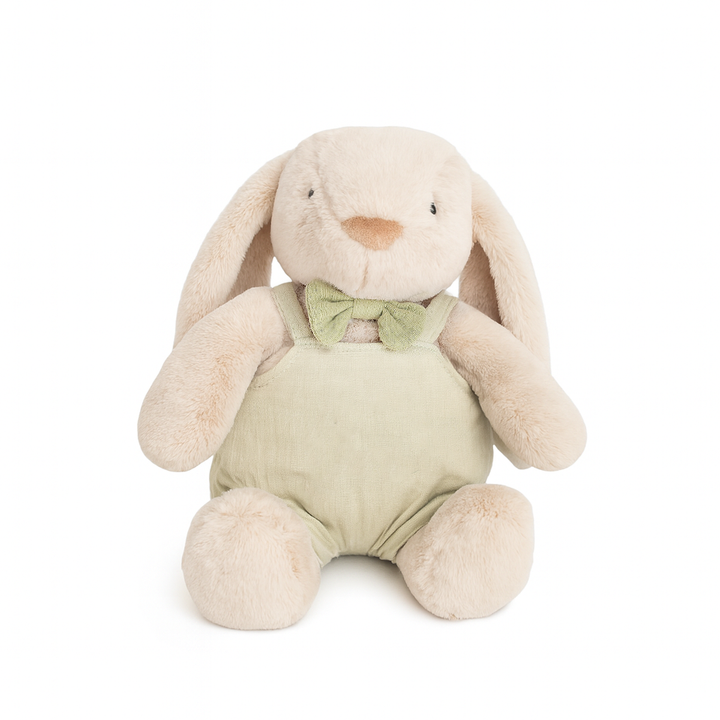 JBØRN Beige Bunny Soft Toy with Personalised Outfit Beige Cuddle Bunny in Pistachio Dungarees - Personalisable Baby Products Sold and Personalised by JustBørn