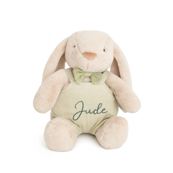 JBØRN Beige Bunny Soft Toy with Personalised Outfit Beige Cuddle Bunny in Striped Dress - Personalisable Baby Products Sold and Personalised by JustBørn