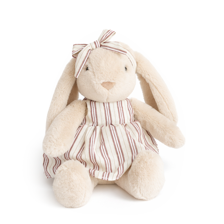 JBØRN Beige Bunny Soft Toy with Personalised Outfit Beige Cuddle Bunny in Striped Dress - Personalisable Baby Products Sold and Personalised by JustBørn