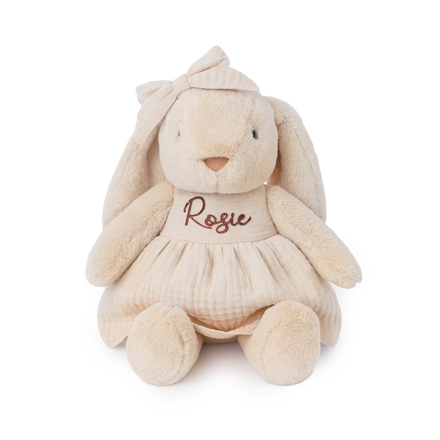 JBØRN Beige Bunny Soft Toy with Personalised Outfit - Personalisable Baby Products Sold and Personalised by JustBørn