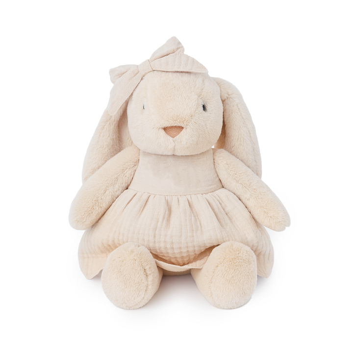 JBØRN Beige Bunny Soft Toy with Personalised Outfit Beige Cuddle Bunny in Vanilla Dress - Personalisable Baby Products Sold and Personalised by JustBørn