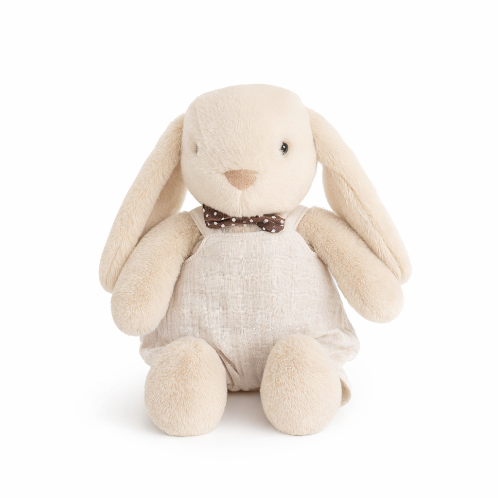 JBØRN Beige Bunny Soft Toy with Personalised Outfit Beige Cuddle Bunny in Vanilla Dungarees - Personalisable Baby Products Sold and Personalised by JustBørn