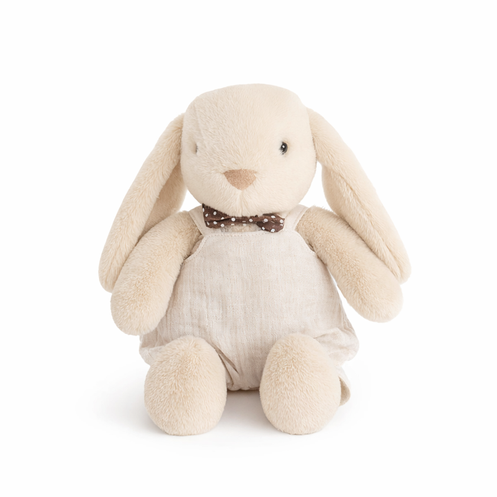 JBØRN Beige Bunny Soft Toy with Personalised Outfit Beige Cuddle Bunny in Vanilla Dungarees - Personalisable Baby Products Sold and Personalised by JustBørn