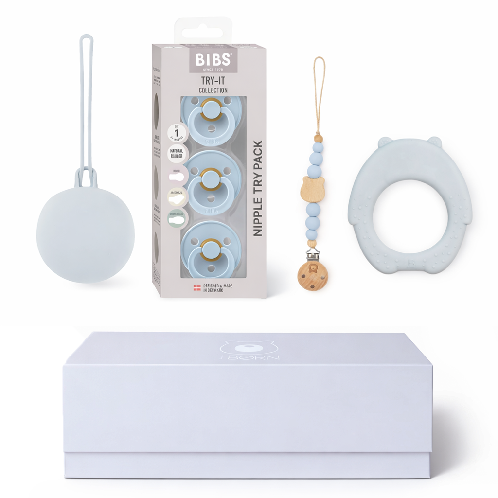 JBØRN x BIBS Baby Gift Set | First Pacifiers with Matching Holders & Teether Powder Blue - Personalisable Baby Products Sold and Personalised by JustBørn