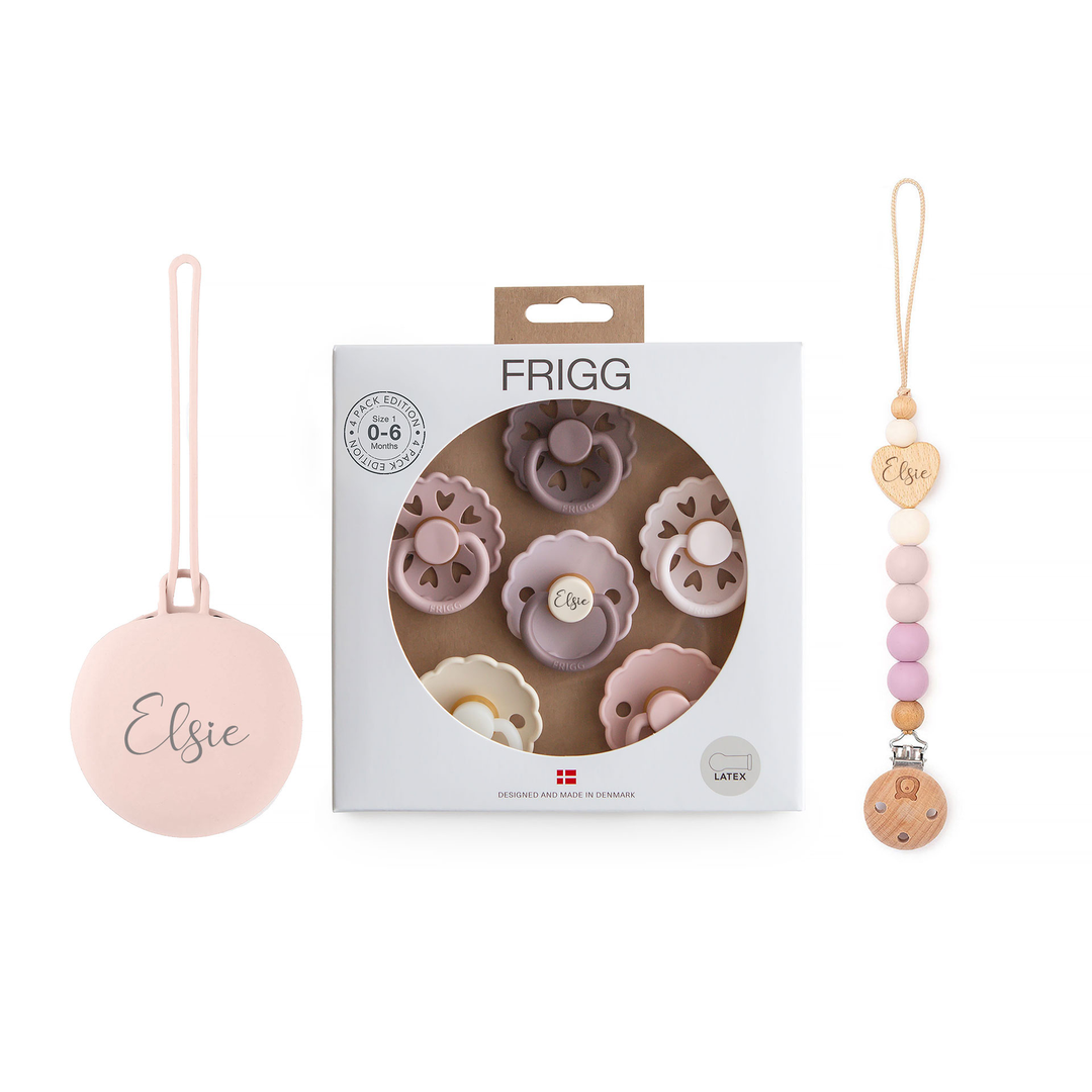 FRIGG Natural Rubber Latex Pacifier Pack of 6 + Matching Holders Blooming Love - Personalisable Baby Products Sold and Personalised by JustBørn