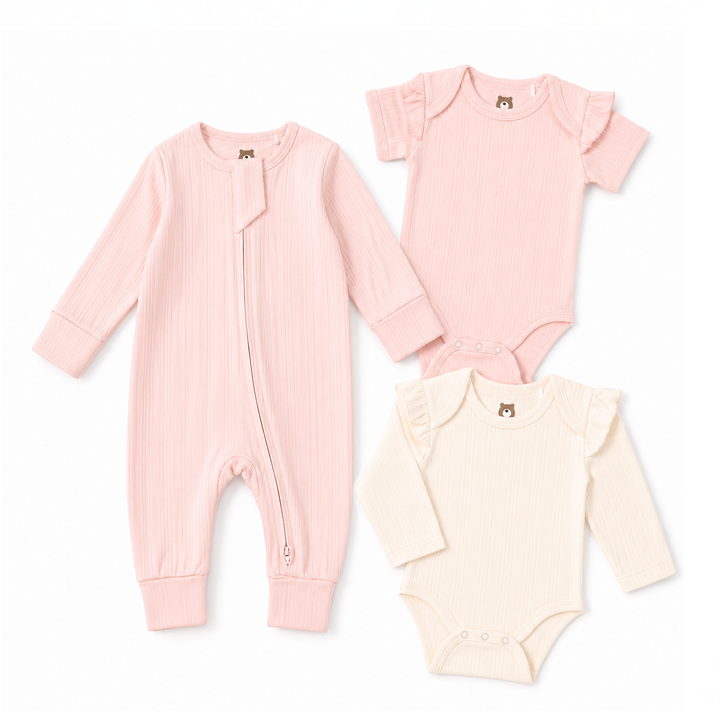 JBØRN Ribbed Bamboo Essential Bundle | 6+months Blossom | 3-Piece Set | Frill - Personalisable Baby Products Sold and Personalised by JustBørn