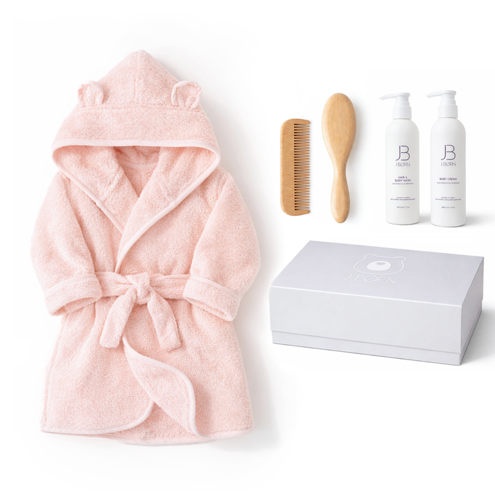 JBØRN Baby Spa Gift Set | Bathrobe, Hairbrush Set & Skincare Blossom Baby Spa Gift Set - Personalisable Baby Products Sold and Personalised by JustBørn