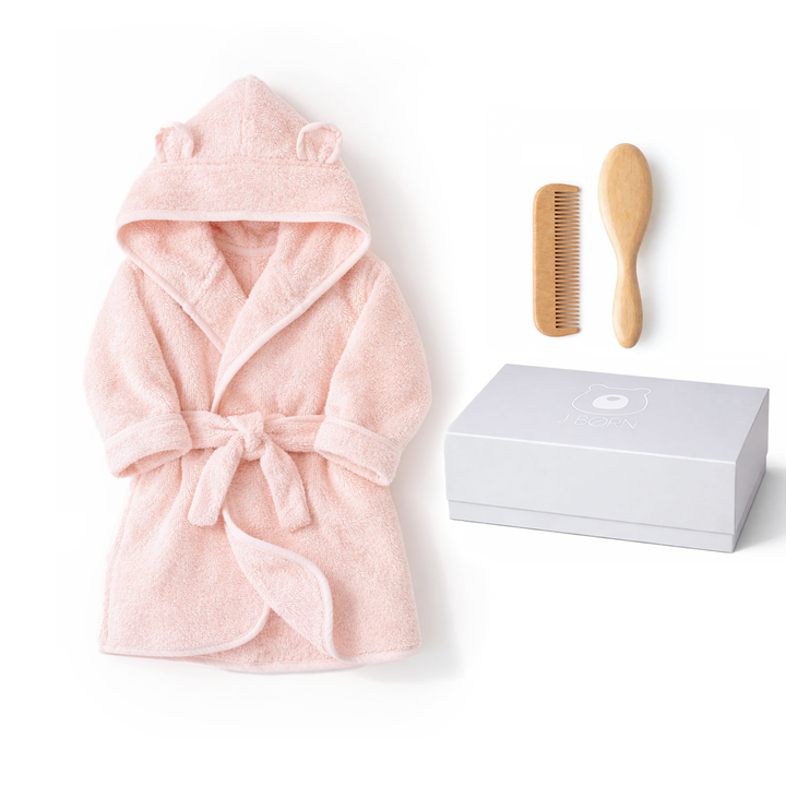 JBØRN Baby Gift Set | Organic Cotton Bathrobe & Hair Brush Set Blossom Bathrobe & Hairbrush Gift Set - Personalisable Baby Products Sold and Personalised by JustBørn