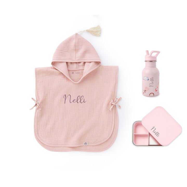 JBØRN Summer Set | Hooded Poncho + Water Bottle + Snack Box Blush - Personalisable Baby Products Sold and Personalised by JustBørn