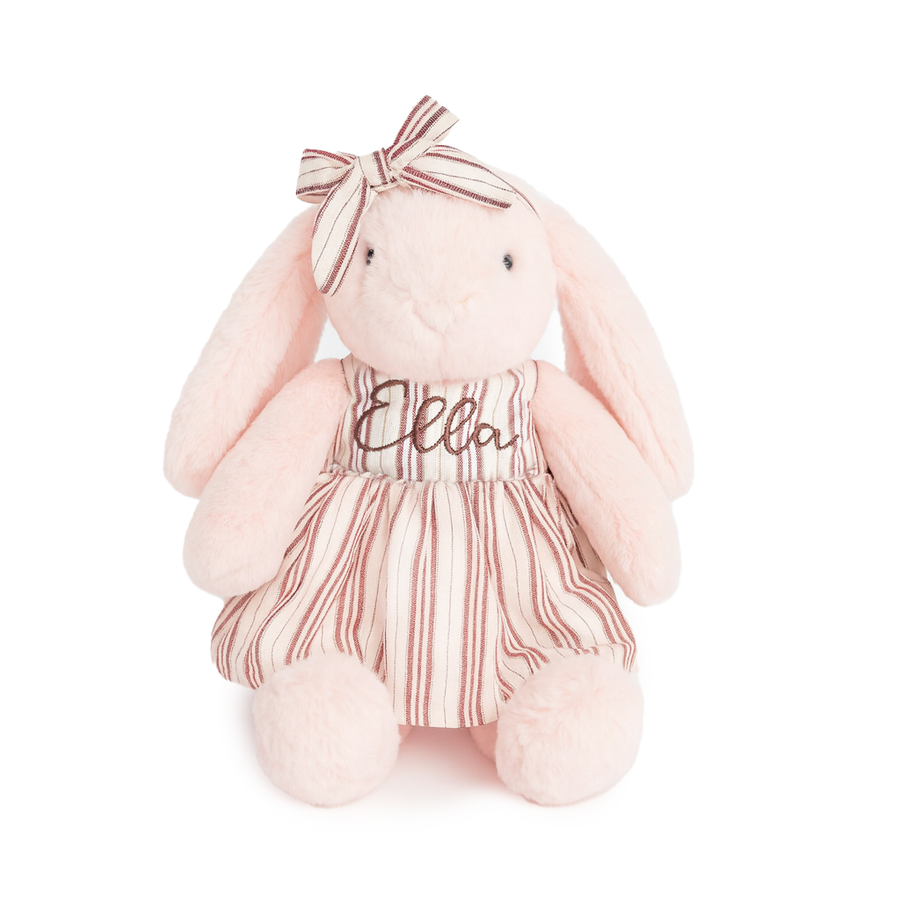 JBØRN Blossom Bunny Soft Toy with Personalised Outfit Blossom Cuddle Bunny in Striped Dress - Personalisable Baby Products Sold and Personalised by JustBørn