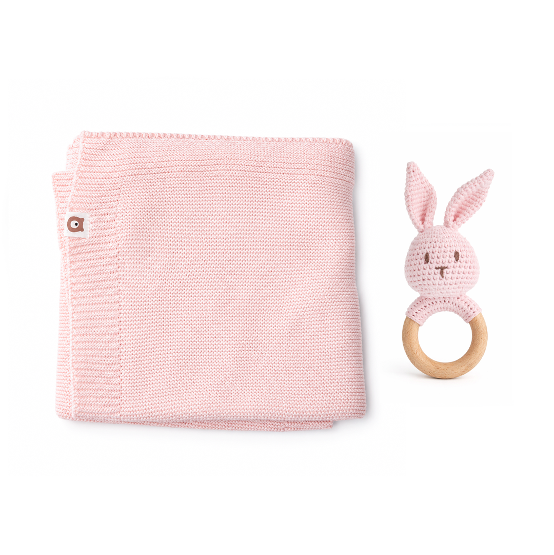 JBØRN Knitted Baby Blanket & Bunny Rattle Set Blossom Knitted Blanket & Rattle Set - Personalisable Baby Products Sold and Personalised by JustBørn