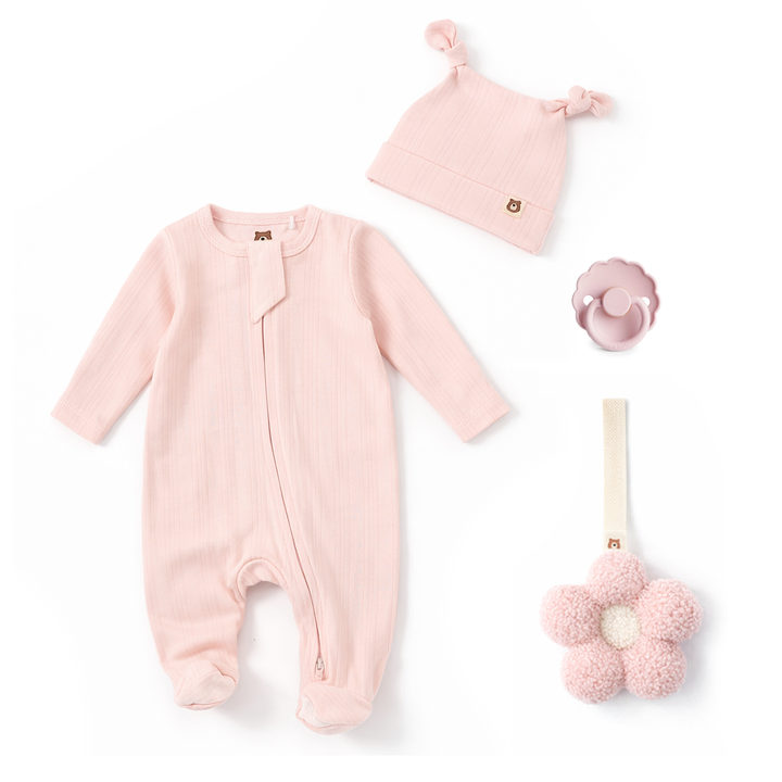 JBØRN Bamboo Sleepsuit, Plush Comforter & Frigg Pacifier Set Blossom | Sleepsuit & Pacifier Set - Personalisable Baby Products Sold and Personalised by JustBørn