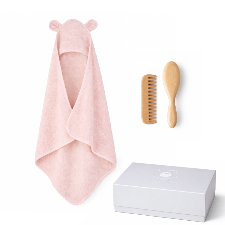 JBØRN Baby Gift Set | Organic Cotton Towel & Hair Brush Set Blossom - Personalisable Baby Products Sold and Personalised by JustBørn