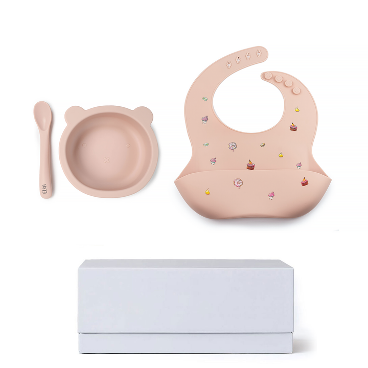 JBØRN Baby Gift Set | Silicone Bowl, Spoon and Bib Cakes Blush Yes - Personalisable Baby Products Sold and Personalised by JustBørn