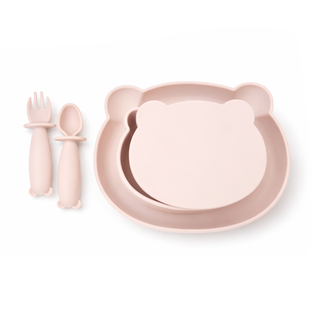 JBØRN 4-Piece Silicone Weaning Set | Suction Bowl with Lid, Plate & Cutlery Blush 4 Piece Set - Personalisable Baby Products Sold and Personalised by JustBørn