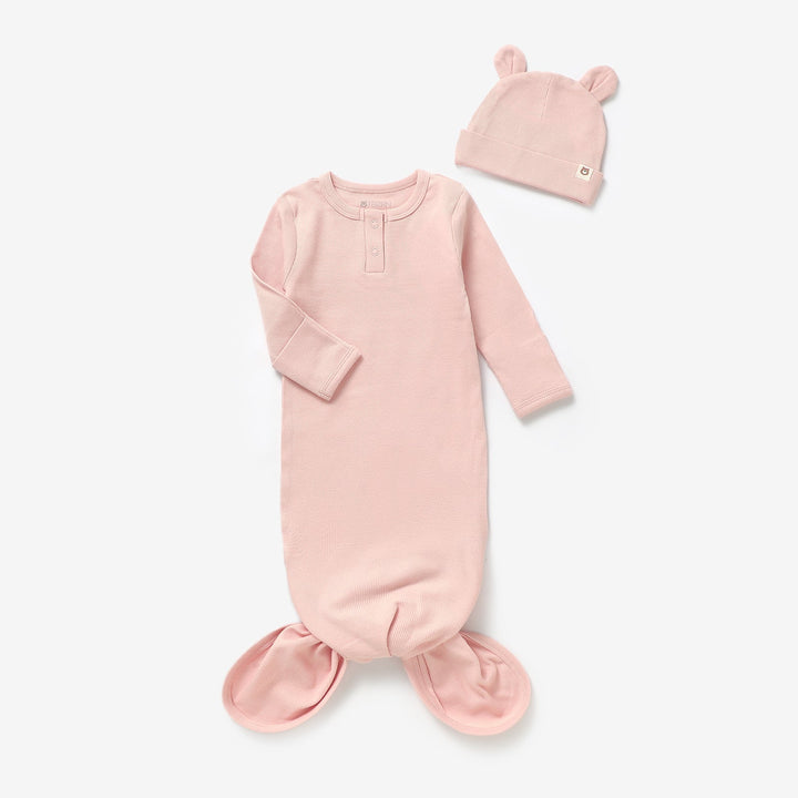 JBØRN Organic Cotton Knotted Baby Gown & Hat Blush - Personalisable Baby Products Sold and Personalised by JustBørn