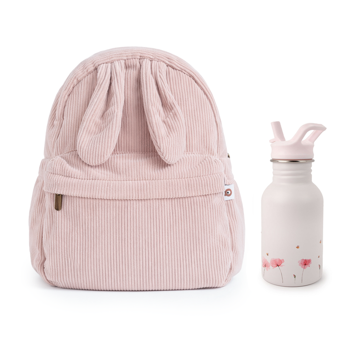 JBØRN Personalised Set | Backpack & Water Bottle Set Blush Backpack & Poppy Flower Bottle Set - Personalisable Baby Products Sold and Personalised by JustBørn