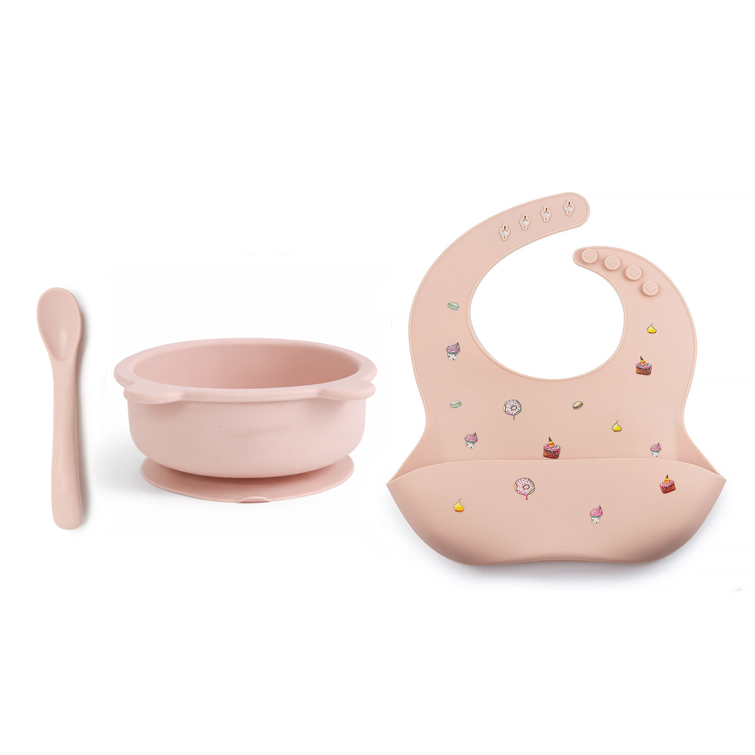 JBØRN Baby Weaning Set | Silicone Bowl, Spoon and Bib Cakes Blush - Personalisable Baby Products Sold and Personalised by JustBørn