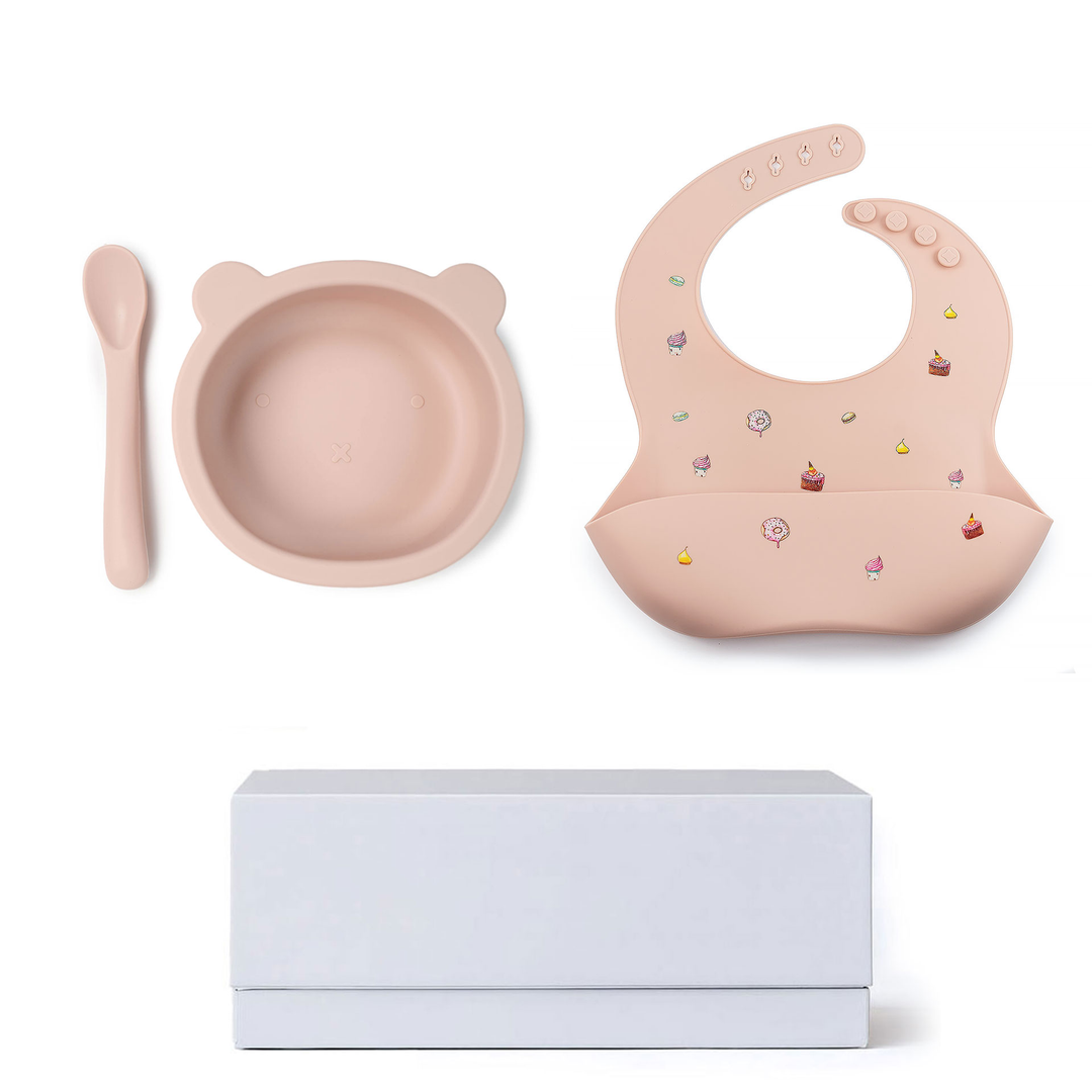 JBØRN Baby Gift Set | Silicone Bowl, Spoon and Bib Cakes Blush No - Personalisable Baby Products Sold and Personalised by JustBørn