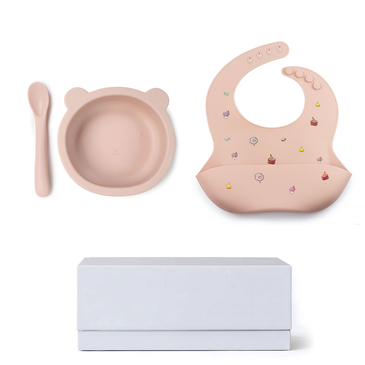 JBØRN Baby Gift Set | Silicone Bowl, Spoon and Bib Cakes Blush No - Personalisable Baby Products Sold and Personalised by JustBørn