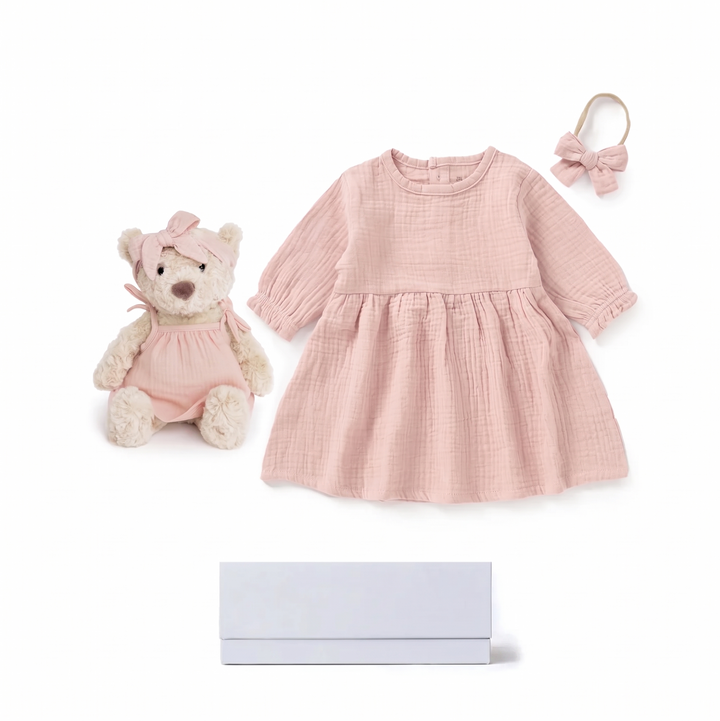 JBØRN New Baby Girl Gift Set | Personalised Teddy & Matching Baby Dress Blush Muslin Dress Set - Personalisable Baby Products Sold and Personalised by JustBørn