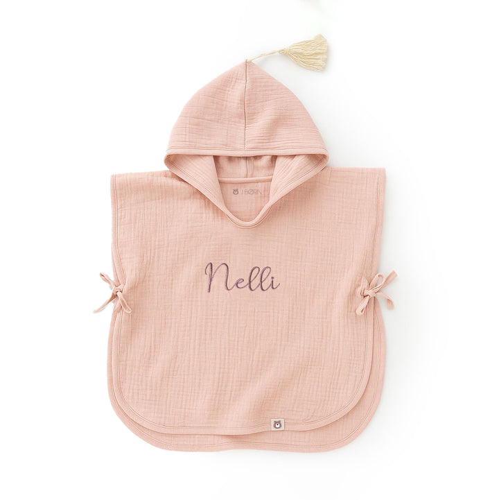 JBØRN Organic Cotton Muslin Hooded Poncho Towel Muslin Blush - Personalisable Baby Products Sold and Personalised by JustBørn