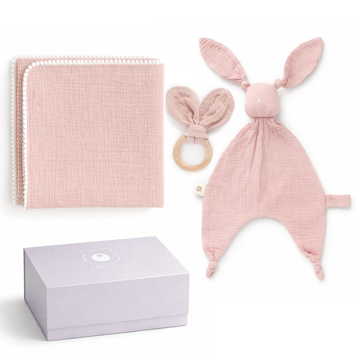 JBØRN Baby Gift Set | Organic Cotton Muslin Blanket, Comforter & Teether Set Blush Swaddle & Comforter Gift Set - Personalisable Baby Products Sold and Personalised by JustBørn