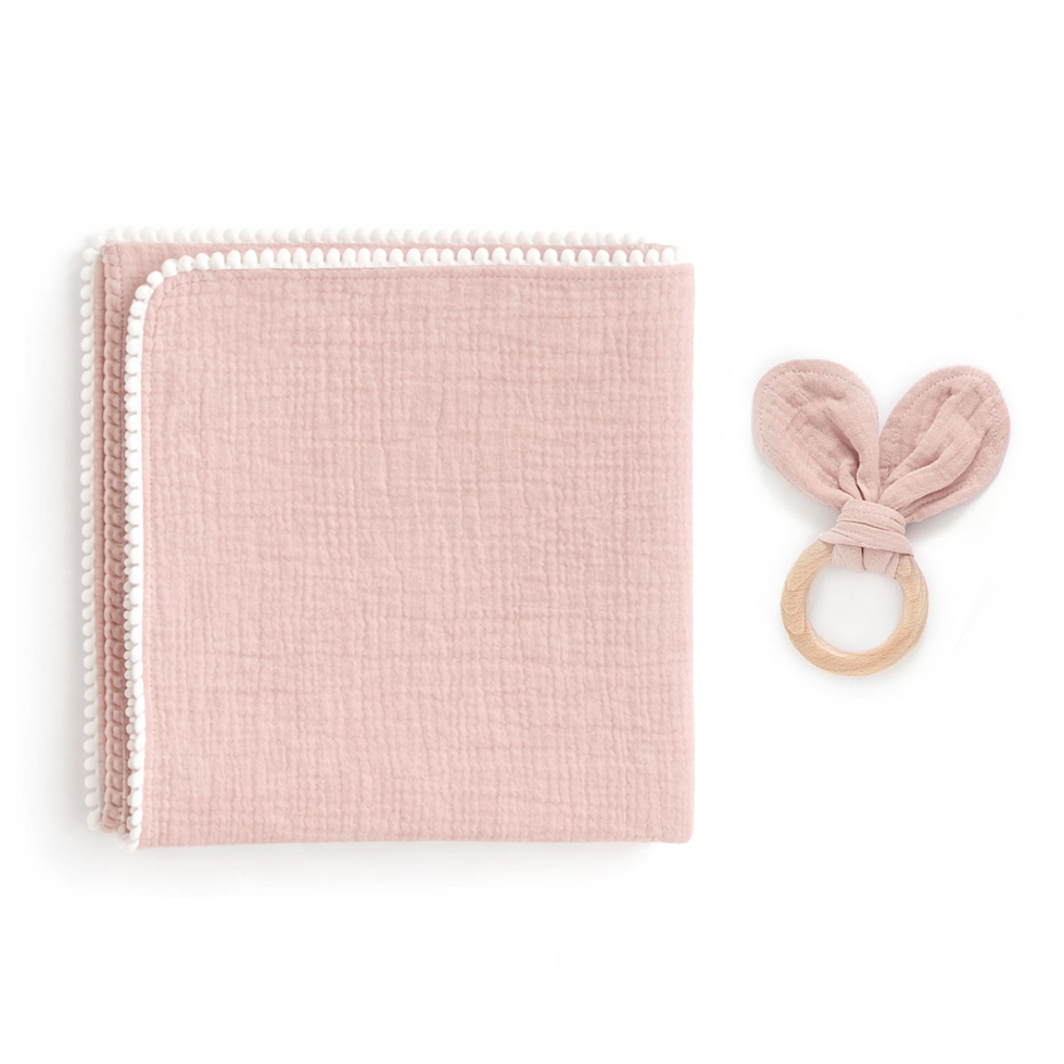 JBØRN Muslin Blanket & Wooden Teether Set | Organic Cotton Baby Swaddle Blush Swaddle Set - Personalisable Baby Products Sold and Personalised by JustBørn