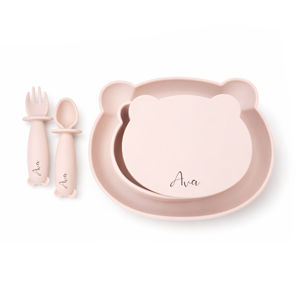 JBØRN 4-Piece Silicone Weaning Set | Suction Bowl with Lid, Plate & Cutlery - Personalisable Baby Products Sold and Personalised by JustBørn