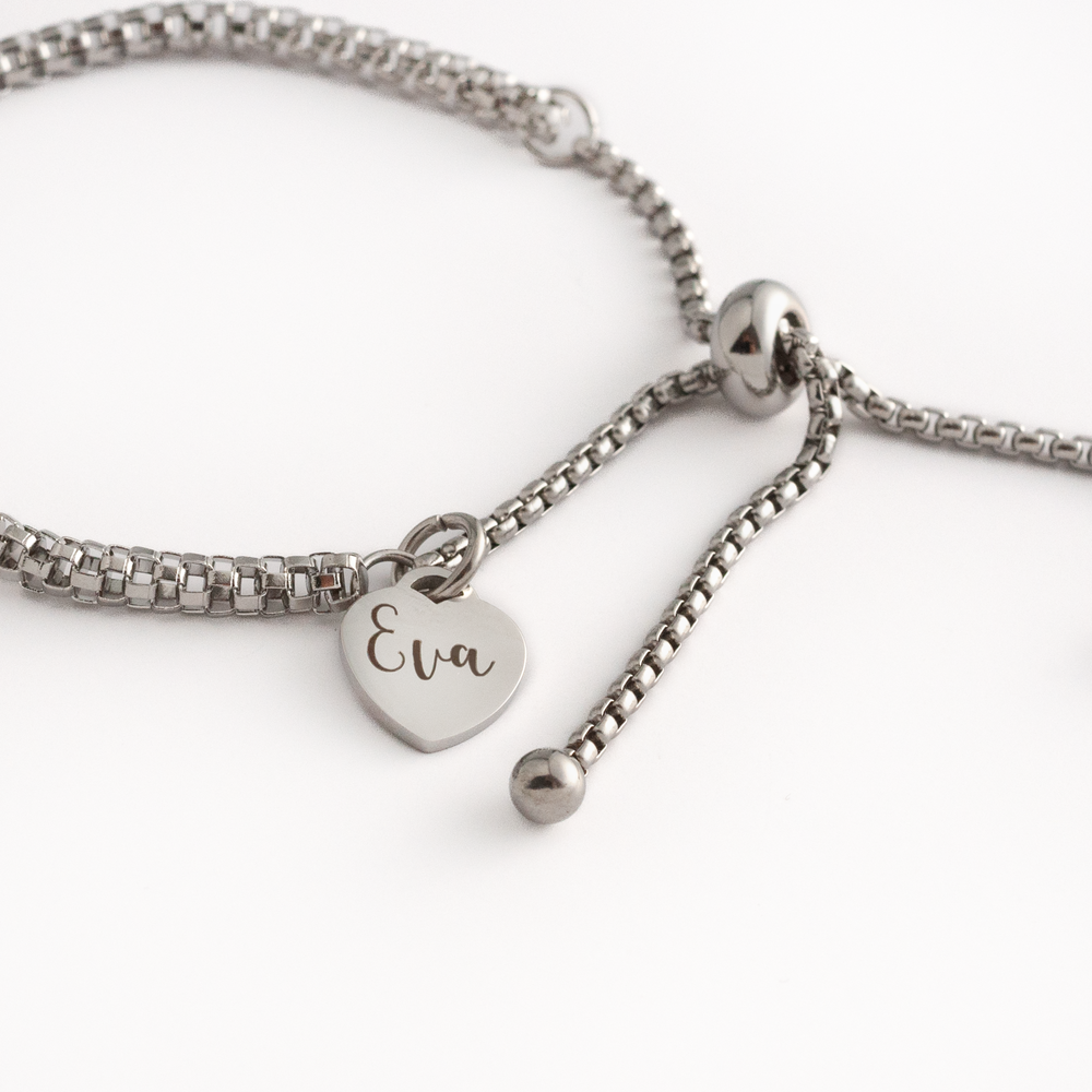 Silver JBØRN Slider Bracelet with Heart Pendant | Personalisable by Just Børn sold by JBørn Baby Products Shop