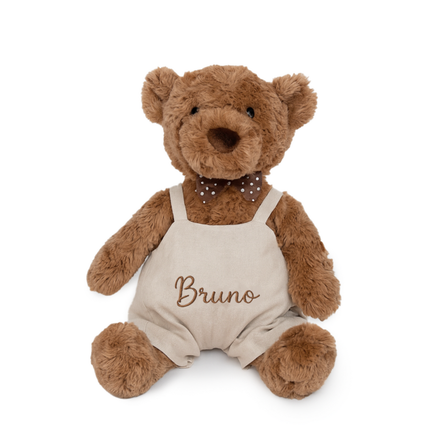 JBØRN Brown Teddy Bear Soft Toy with Personalised Outfit Brown Teddy B in Vanilla Dungarees - Personalisable Baby Products Sold and Personalised by JustBørn