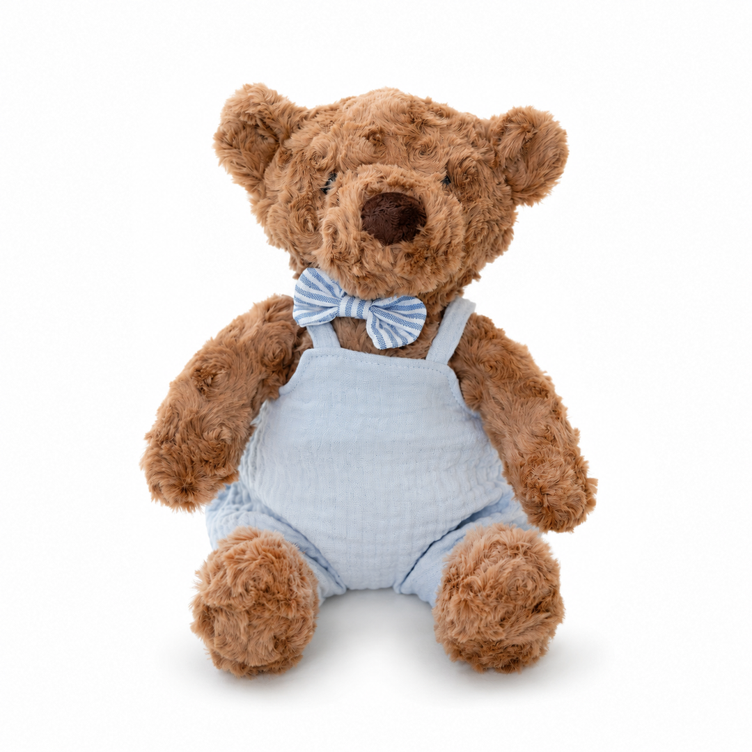 JBØRN Brown Teddy Bear Soft Toy with Personalised Outfit Brown Teddy in Blue Dungarees - Personalisable Baby Products Sold and Personalised by JustBørn