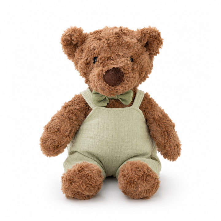 JBØRN Brown Teddy Bear Soft Toy with Personalised Outfit Brown Teddy in Pistachio Dungarees - Personalisable Baby Products Sold and Personalised by JustBørn
