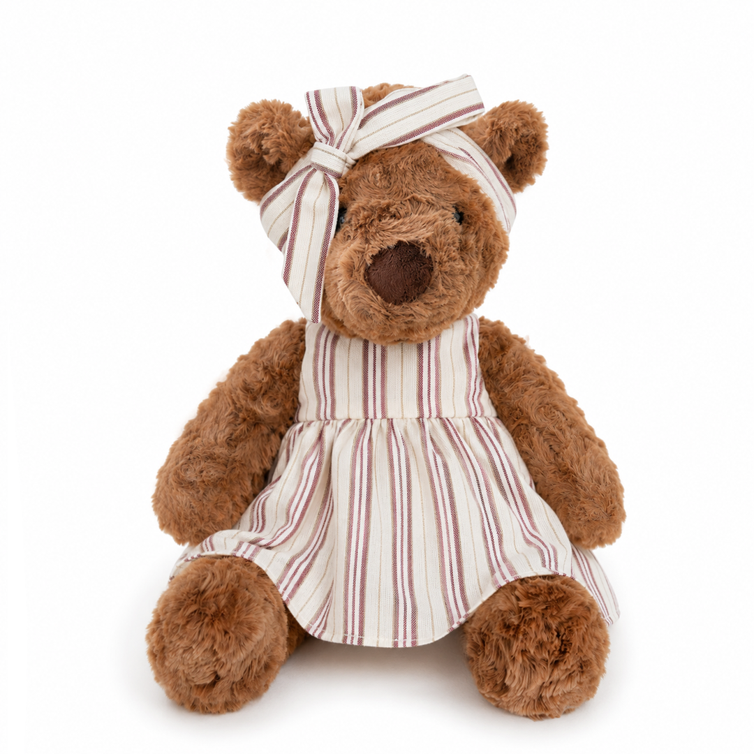 JBØRN Brown Teddy Bear Soft Toy with Personalised Outfit Brown Teddy in Striped Dress - Personalisable Baby Products Sold and Personalised by JustBørn