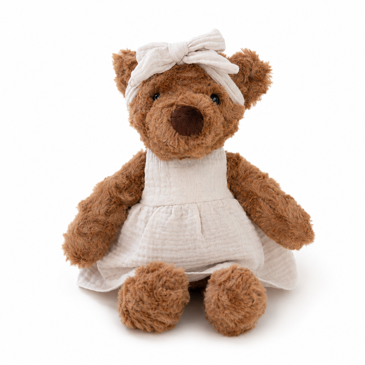JBØRN Brown Teddy Bear Soft Toy with Personalised Outfit Brown Teddy in Vanilla Dress - Personalisable Baby Products Sold and Personalised by JustBørn