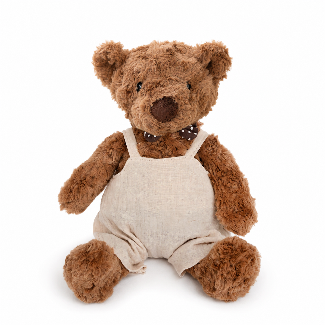 JBØRN Brown Teddy Bear Soft Toy with Personalised Outfit Brown Teddy in Vanilla Dungarees - Personalisable Baby Products Sold and Personalised by JustBørn