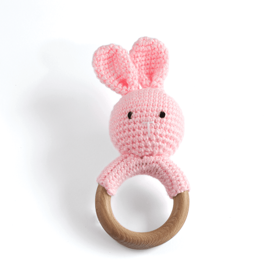 JBØRN Crochet Bunny Baby Rattle Toy | Personalisable Baby Pink - Personalisable Baby Products Sold and Personalised by JustBørn