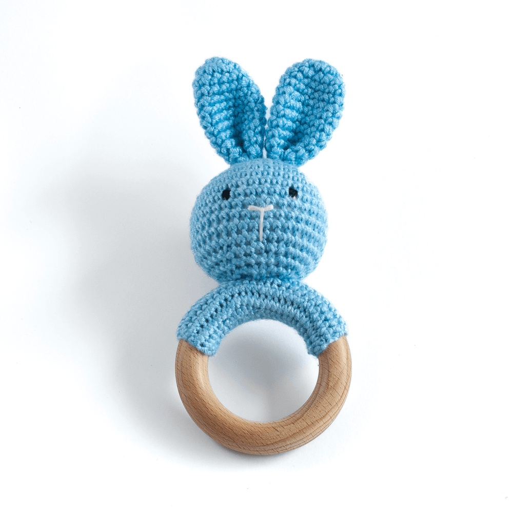 JBØRN Crochet Bunny Baby Rattle Toy | Personalisable in Baby Blue Bunny, sold by JBørn Baby Products Shop, Personalizable by JustBørn