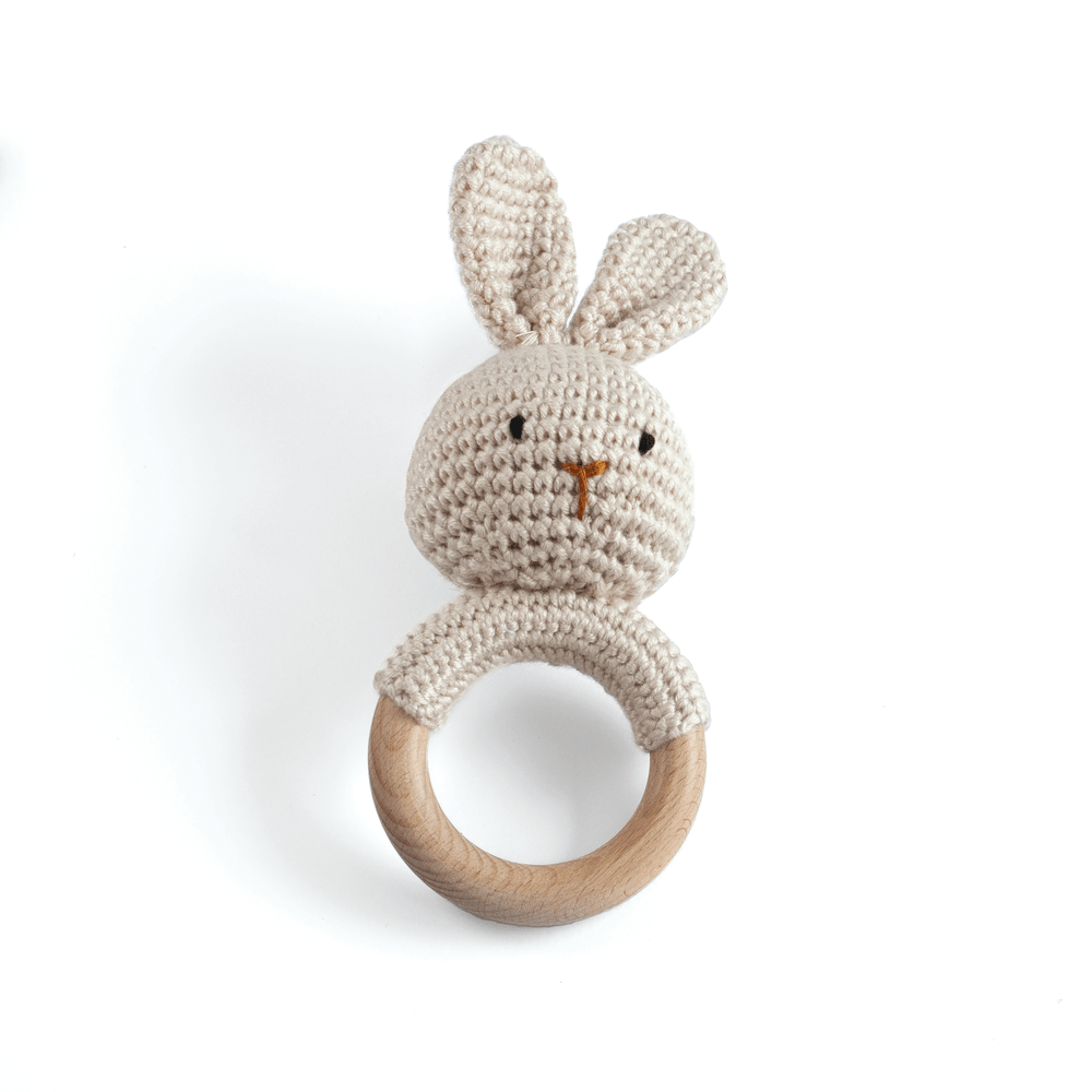 JBØRN Crochet Bunny Baby Rattle Toy | Personalisable in Sandstone Bunny, sold by JBørn Baby Products Shop, Personalizable by JustBørn