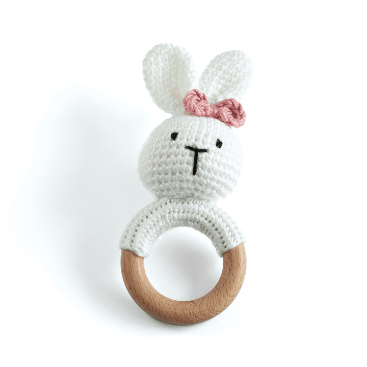 JBØRN Crochet Bunny Baby Rattle Toy | Personalisable in Pink Bow Bunny, sold by JBørn Baby Products Shop, Personalizable by JustBørn