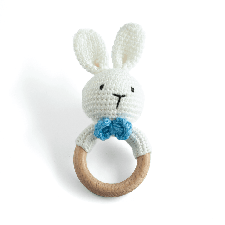 JBØRN Crochet Bunny Baby Rattle Toy | Personalisable in Blue Bow Bunny, sold by JBørn Baby Products Shop, Personalizable by JustBørn