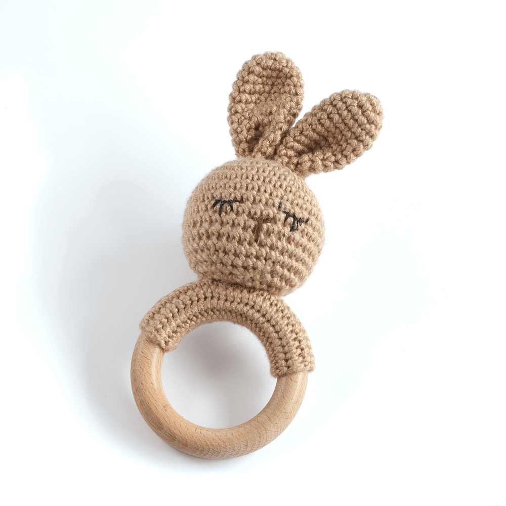 JBØRN Crochet Bunny Baby Rattle Toy | Personalisable in Cappuccino Bunny, sold by JBørn Baby Products Shop, Personalizable by JustBørn