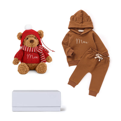 JBØRN Festive Gift Box | Chocolate Brown Teddy Hoodie Set & Winter Bear - Personalisable Baby Products Sold and Personalised by JustBørn